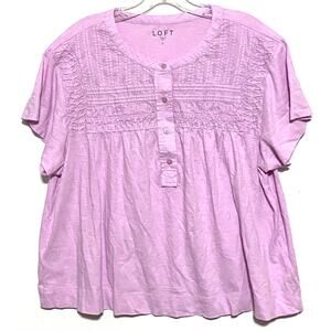 Loft Henley Pintuck Pink Top Blouse L Feminine Flowy Prairie Peasant Boho Cotton